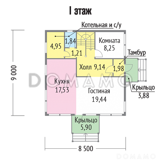 Проект современного дома из клееного бруса с двумя небольшими балконами на втором этаже / План 1 этажа