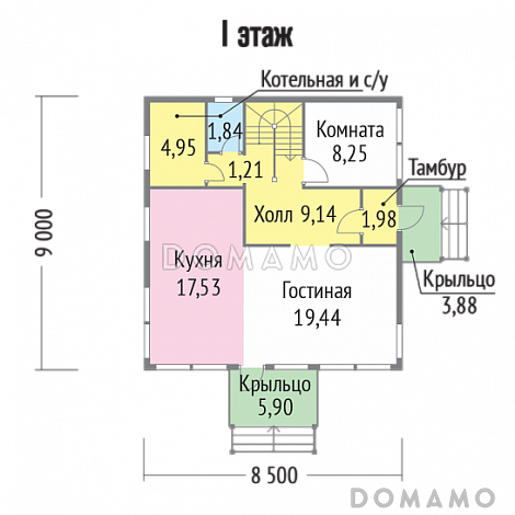 Проект современного дома из клееного бруса с двумя небольшими балконами на втором этаже / План 1 этажа Проект современного дома из клееного бруса с двумя небольшими балконами на втором этаже / План 1 этажа