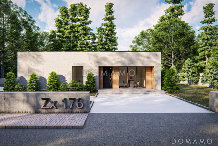 Проект одноэтажного дома с плоской крышей, террасами, большой спальней с гардеробными и ванной Проект одноэтажного дома с плоской крышей, террасами, большой спальней с гардеробными и ванной