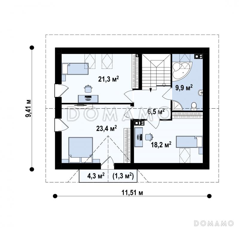 Проект дома с террасой, балконом, мансардными окнами, эркером в гостиной / План мансардного этажа