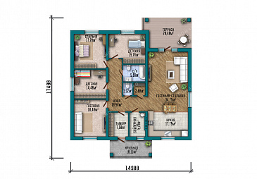 Проект одноэтажного дома в классическом стиле с угловой террасой, большой кухней-гостиной и четырьмя спальнями / План 1 этажа Проект одноэтажного дома в классическом стиле с угловой террасой, большой кухней-гостиной и четырьмя спальнями / План 1 этажа