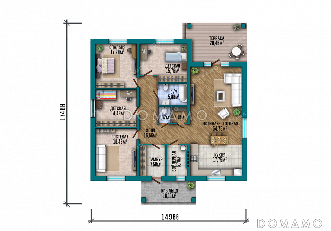 Проект одноэтажного дома в классическом стиле с угловой террасой, большой кухней-гостиной и четырьмя спальнями / План 1 этажа Проект одноэтажного дома в классическом стиле с угловой террасой, большой кухней-гостиной и четырьмя спальнями / План 1 этажа