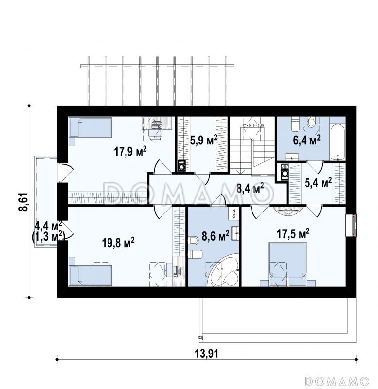 Проект загородного дома с мансардными окнами, балконом, террасой, гаражом на одну машину / План мансардного этажа