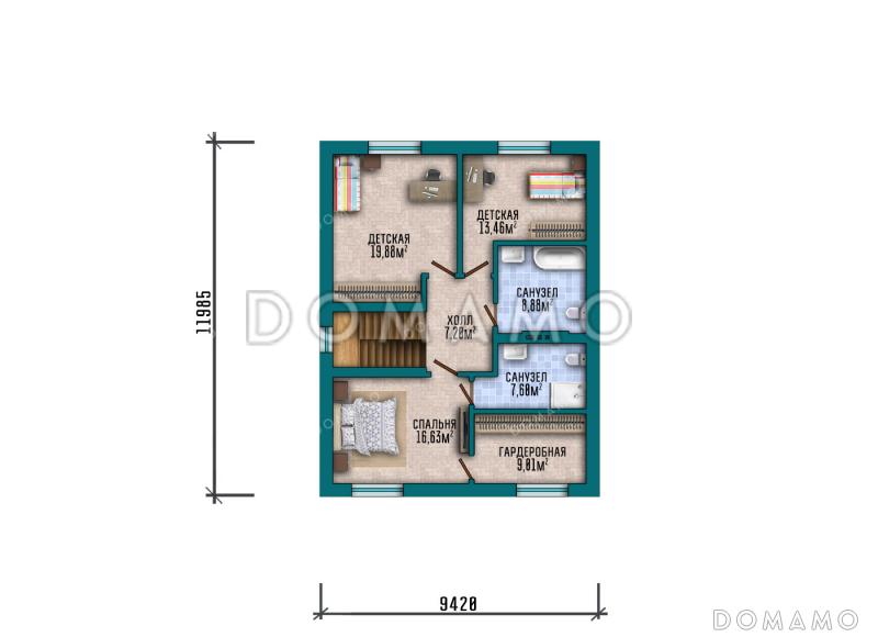 Проект двухэтажного дома простой формы с вальмовой кровлей, удобной планировкой и большими окнами / План 2 этажа