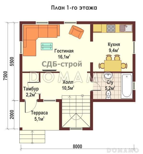 Дом из профилированного бруса ДПБ9 / План 1 этажа
