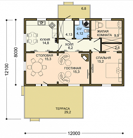 Проект небольшого одноэтажного дома с отделкой клинкером и двумя спальнями / План 1 этажа