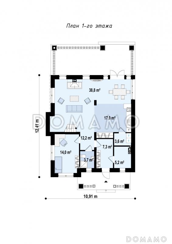 Проект современного двухэтажного дома из газобетона с пятью комнатами и крытой террасой, без гаража / План 1 этажа