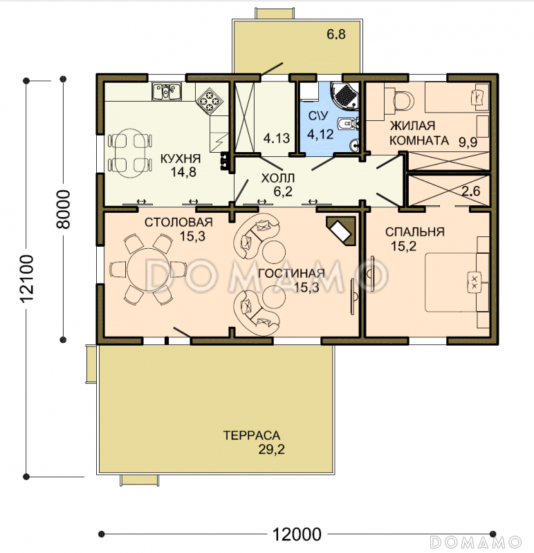 Проект небольшого одноэтажного дома с отделкой клинкером и двумя спальнями / План 1 этажа