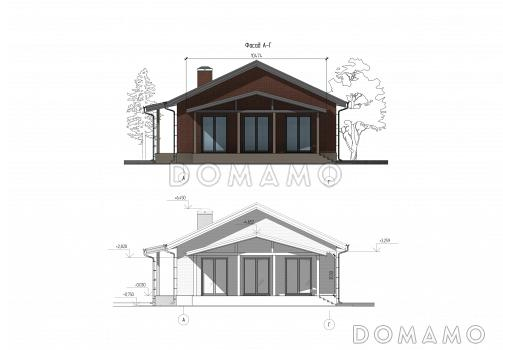 Проект одноэтажного дома с большим навесом для автомобилей, мастер-спальней и широкой террасой / Фасад 4