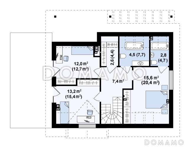 Проект одноэтажного мансардного дома из газобетона со встроенным гаражом и открытой террасой над ним / План мансардного этажа