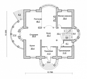 Проект коттеджа с просторной двусветной гостиной / План 1 этажа Проект коттеджа с просторной двусветной гостиной / План 1 этажа