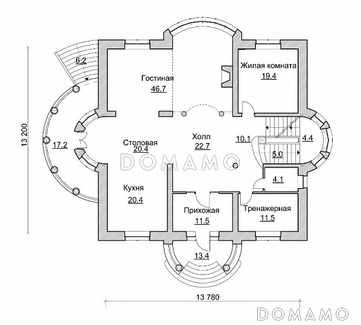Проект коттеджа с просторной двусветной гостиной / План 1 этажа Проект коттеджа с просторной двусветной гостиной / План 1 этажа