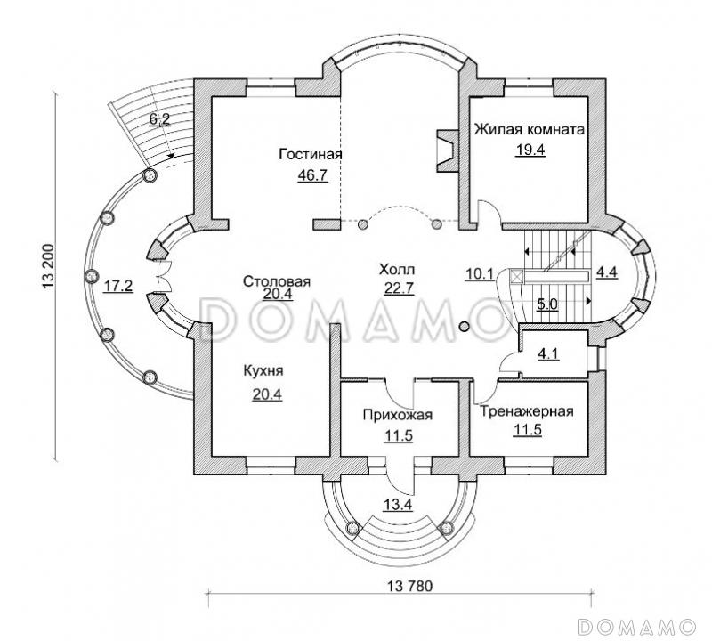Проект коттеджа с просторной двусветной гостиной / План 1 этажа