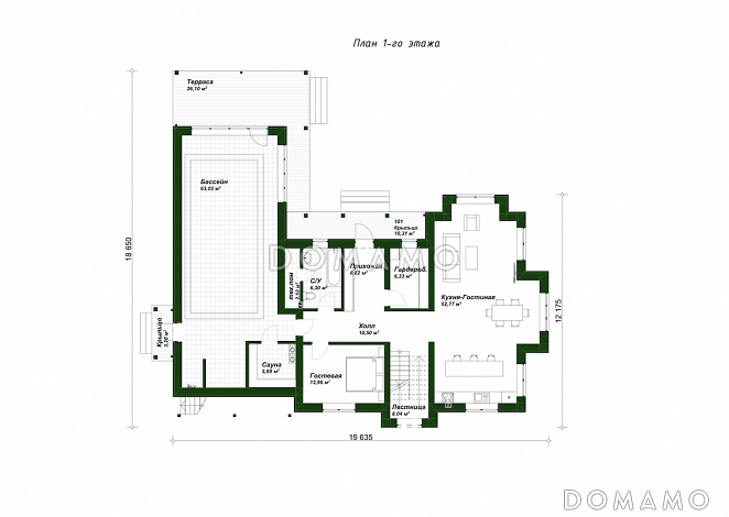 Проект дома со спа-зоной, 5 спальнями и просторным холлом на втором этаже / План 1 этажа Проект дома со спа-зоной, 5 спальнями и просторным холлом на втором этаже / План 1 этажа