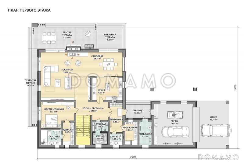 Проект каркасного дома с 3 спальнями, сауной, гаражом и навесом для автомобилей / План 1 этажа