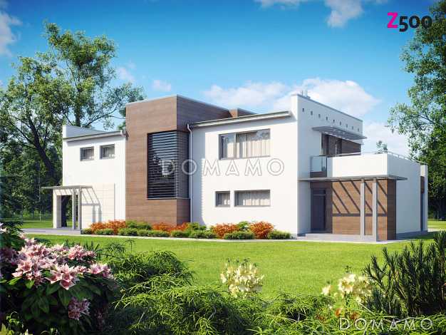 Проект современного двухэтажного дома в стиле хай-тек из кирпича с плоской крышей, балконом и гаражом с двумя отдельными въездами Проект современного двухэтажного дома в стиле хай-тек из кирпича с плоской крышей, балконом и гаражом с двумя отдельными въездами