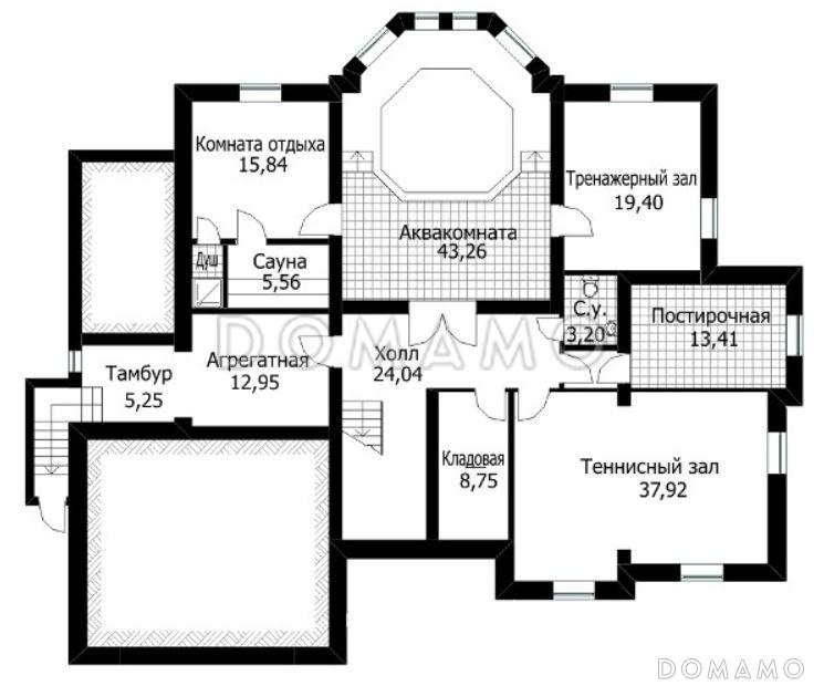 Проект вместительного дома с мансардой, сауной и небольшим бассейном / План цокольного этажа