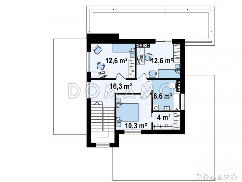 Проект современного двухэтажного кирпичного дома с четырьмя комнатами, гаражом и террасой на втором этаже / План 2 этажа