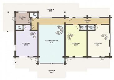 Проект двухэтажного дома из клееного бруса с шестью спальнями и гостиной на втором этаже / План 1 этажа Проект двухэтажного дома из клееного бруса с шестью спальнями и гостиной на втором этаже / План 1 этажа
