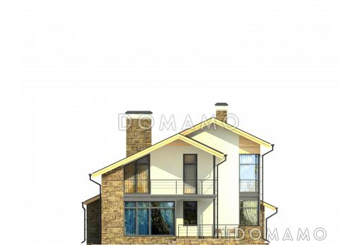 Проект дома на две семьи с большой кухней-столовой, гостиной с камином, террасой, длинным балконом / Фасад 2