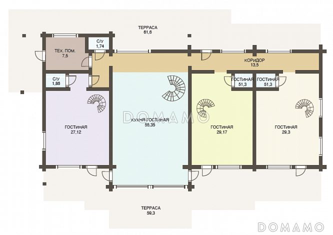 Проект двухэтажного дома из клееного бруса с шестью спальнями и гостиной на втором этаже / План 1 этажа Проект двухэтажного дома из клееного бруса с шестью спальнями и гостиной на втором этаже / План 1 этажа