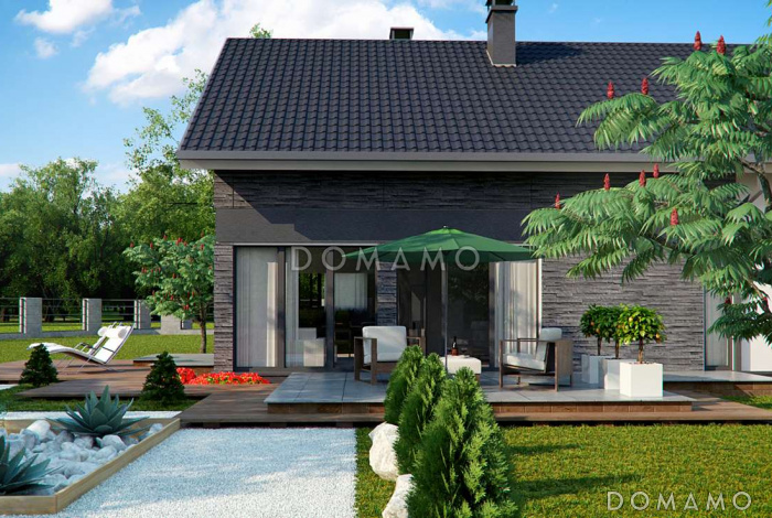 Проект одноэтажного мансардного дома из газобетона с четырьмя спальнями и панорамным остеклением гостиной Проект одноэтажного мансардного дома из газобетона с четырьмя спальнями и панорамным остеклением гостиной