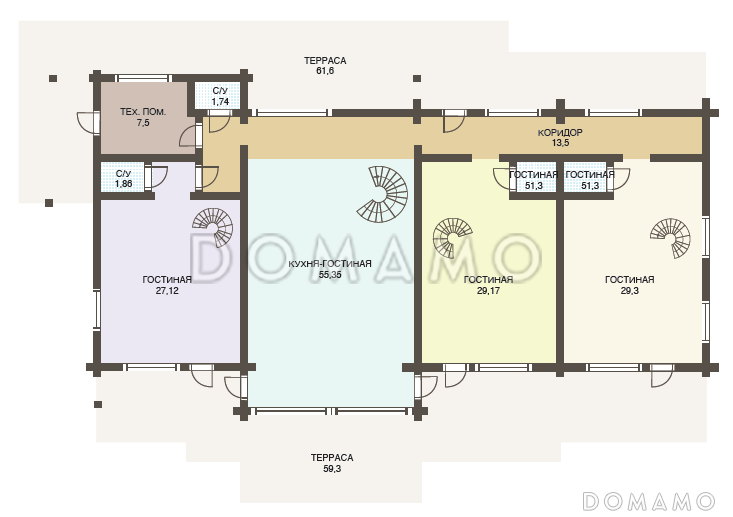 Проект двухэтажного дома из клееного бруса с шестью спальнями и гостиной на втором этаже / План 1 этажа