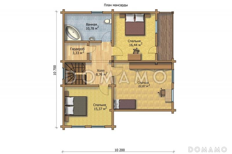 Проект деревянного дома площадью до 200 кв. м из клееного профилированного бруса сечением 180х200мм / План мансардного этажа