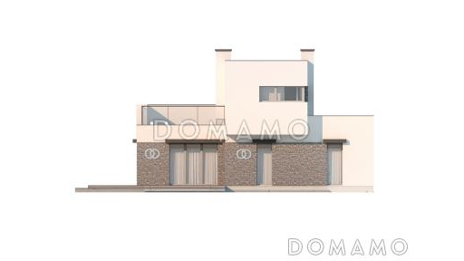 Проект компактного современного двухэтажного дома из кирпича в стиле модерн, с террасой на втором уровне и с гаражом / Фасад 3