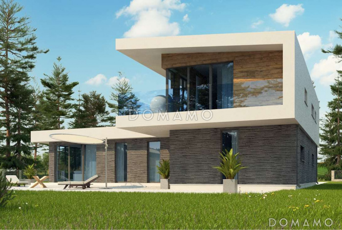 Проект современного двухэтажного дома из кирпича с плоской крышей, четырьмя комнатами и одноместным гаражом Проект современного двухэтажного дома из кирпича с плоской крышей, четырьмя комнатами и одноместным гаражом