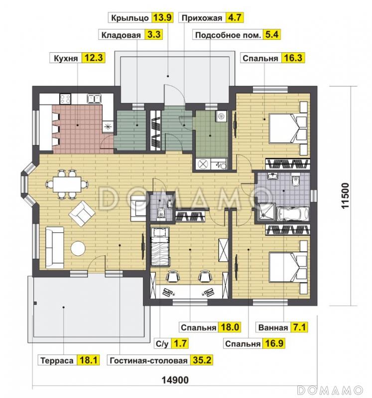 Проект просторного современного одноэтажного дома из кирпича / План 1 этажа