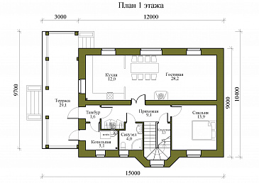 Проект двухэтажного дома с четырьмя спальнями и просторной крытой террасой / План 1 этажа