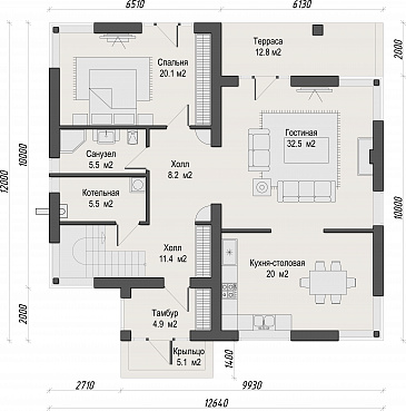 Проект двухэтажного кирпичного дома с двумя балконами на втором этаже / План 1 этажа Проект двухэтажного кирпичного дома с двумя балконами на втором этаже / План 1 этажа
