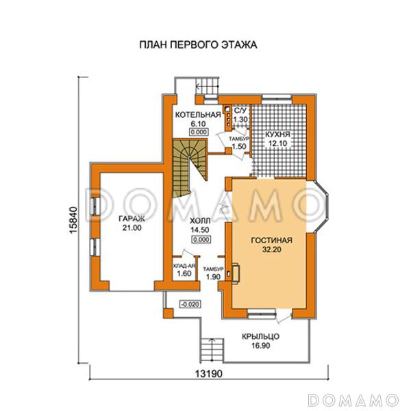 Проект дома с небольшой общей площадью, большой гостиной и гаражом / План 1 этажа