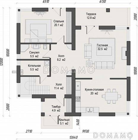 Проект двухэтажного кирпичного дома с двумя балконами на втором этаже / План 1 этажа Проект двухэтажного кирпичного дома с двумя балконами на втором этаже / План 1 этажа