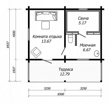 Проект бани из клееного бруса с крытой террасой / План 1 этажа Проект бани из клееного бруса с крытой террасой / План 1 этажа