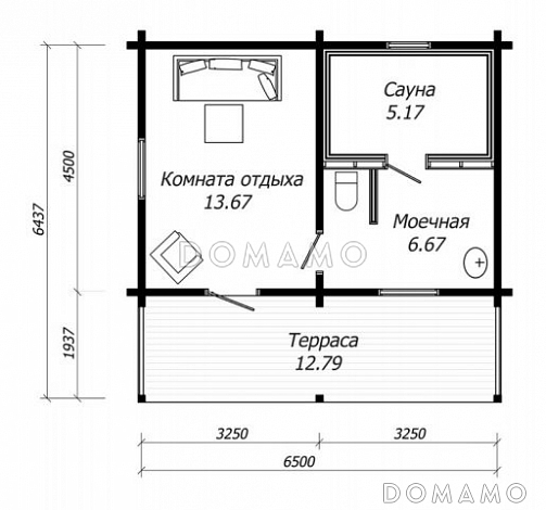 Проект бани из клееного бруса с крытой террасой / План 1 этажа Проект бани из клееного бруса с крытой террасой / План 1 этажа