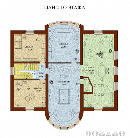Проект двухэтажного дома с мансардой, с гаражом, с сауной, бассейном и вторым светом  / План 2 этажа