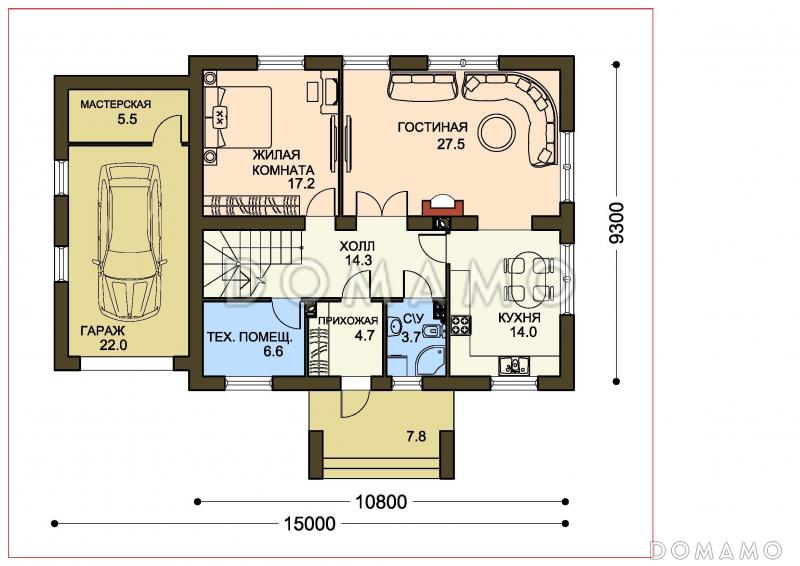 Проект двухэтажного дома с гардеробными на втором этаже / План 1 этажа