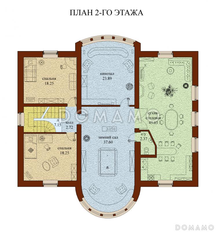 Проект двухэтажного дома с мансардой, с гаражом, с сауной, бассейном и вторым светом  / План 2 этажа