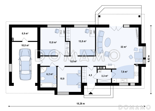 Проект одноэтажного дома из газобетона с современными фасадами, эркерами и гаражом / План 1 этажа