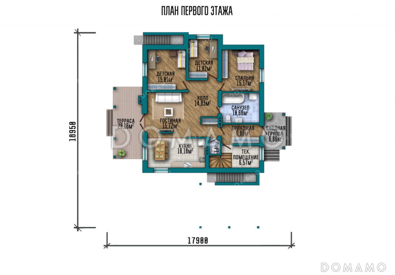 Проект одноэтажного дома с террасой и навесом для авто / План 1 этажа