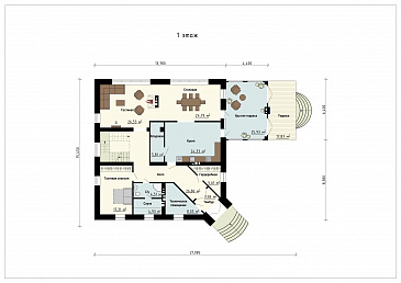 Проект дома с входом с угла здания, террасами, кладовой в кухне, сауной, хозяйской спальней и детскими / План 1 этажа Проект дома с входом с угла здания, террасами, кладовой в кухне, сауной, хозяйской спальней и детскими / План 1 этажа