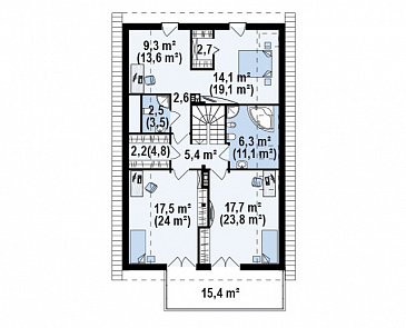Проект одноэтажного мансардного дома из кирпича с крытой угловой террасой и большой открытой террасой над гаражом / План мансардного этажа