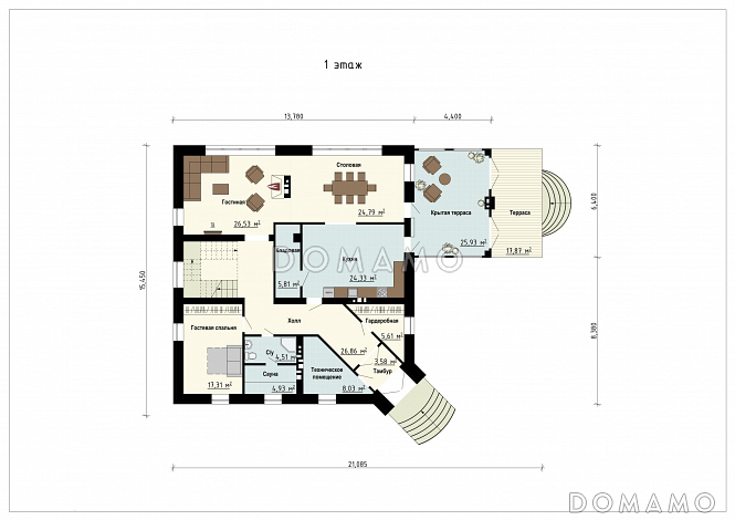 Проект дома с входом с угла здания, террасами, кладовой в кухне, сауной, хозяйской спальней и детскими / План 1 этажа Проект дома с входом с угла здания, террасами, кладовой в кухне, сауной, хозяйской спальней и детскими / План 1 этажа