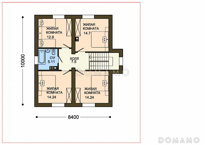 Проект двухэтажного коттеджа с кирпичной отделкой и эркером в гостиной / План 2 этажа Проект двухэтажного коттеджа с кирпичной отделкой и эркером в гостиной / План 2 этажа