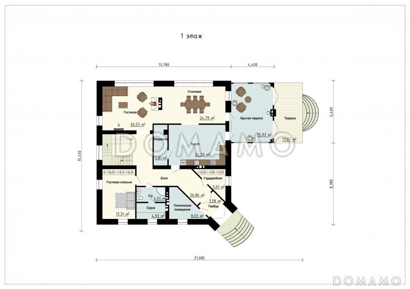 Проект дома с входом с угла здания, террасами, кладовой в кухне, сауной, хозяйской спальней и детскими / План 1 этажа