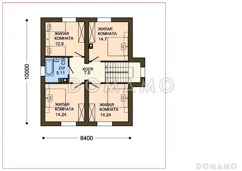Проект двухэтажного коттеджа с кирпичной отделкой и эркером в гостиной / План 2 этажа