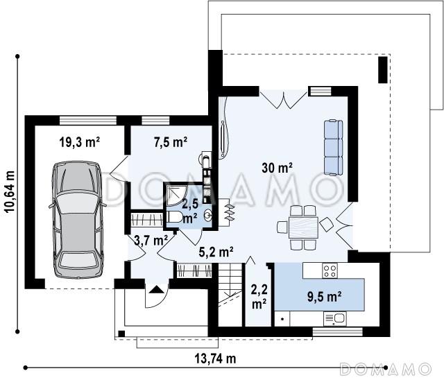 Проект современного двухэтажного дома из газобетона с тремя спальнями и террасой над одноместным гаражом / План 1 этажа