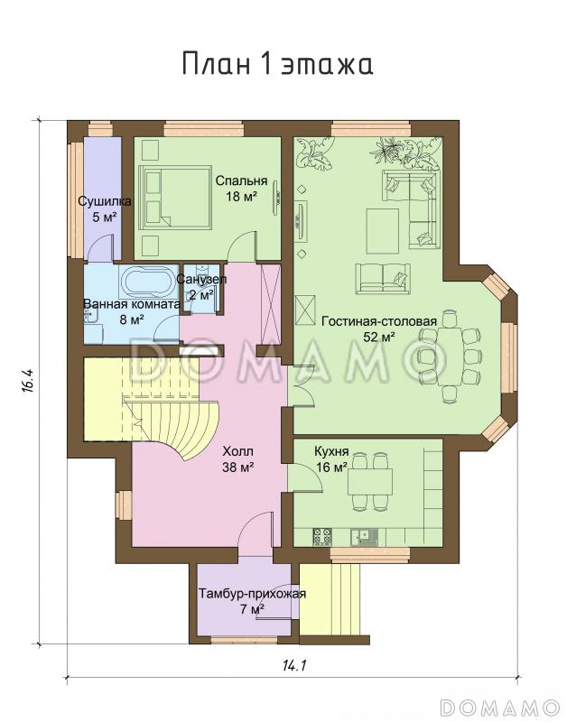 Проект большого двухэтажного дома с эркером / План 1 этажа